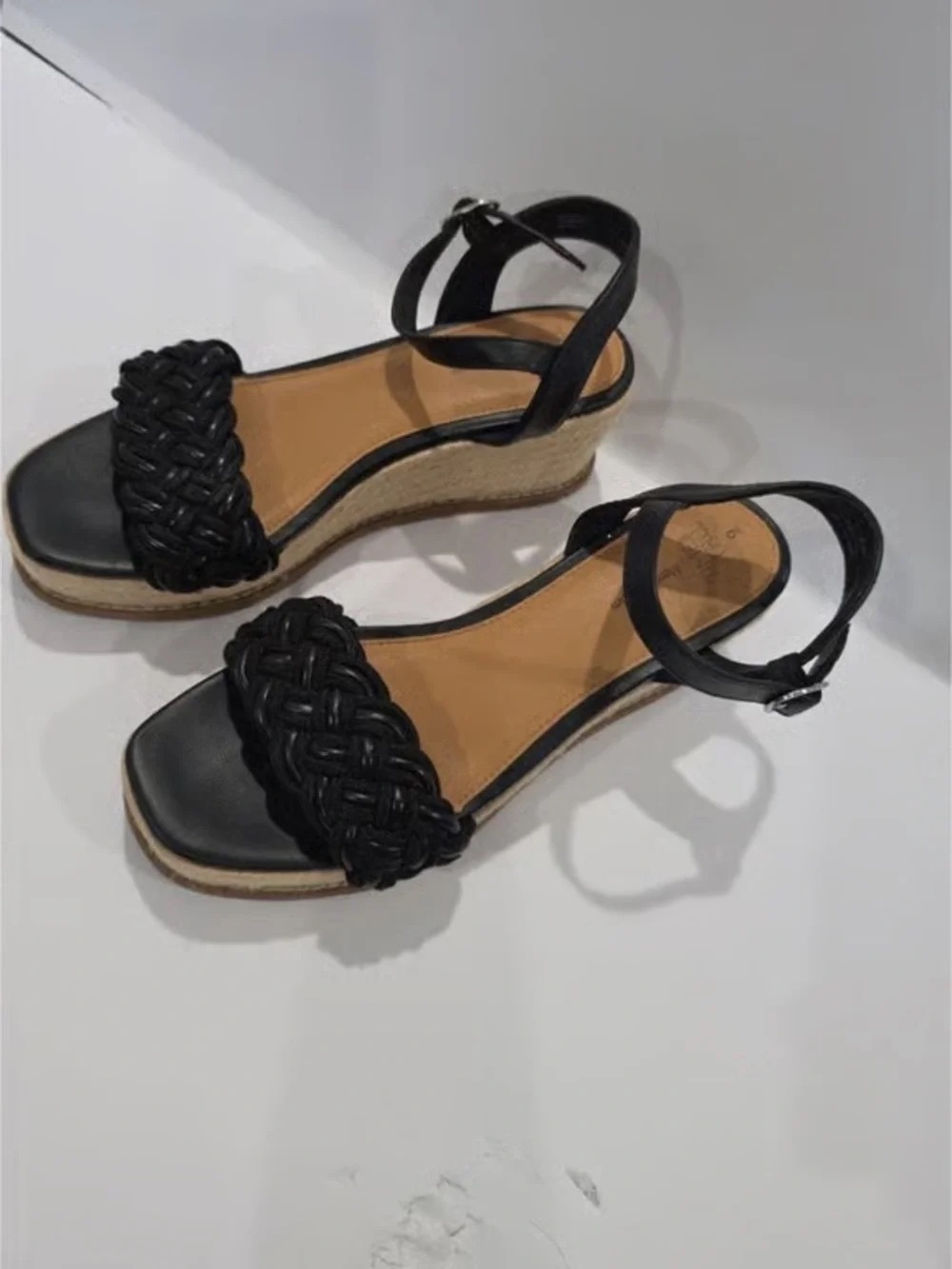 Time and Tru Black Braided Espadrille Wedge Sandals